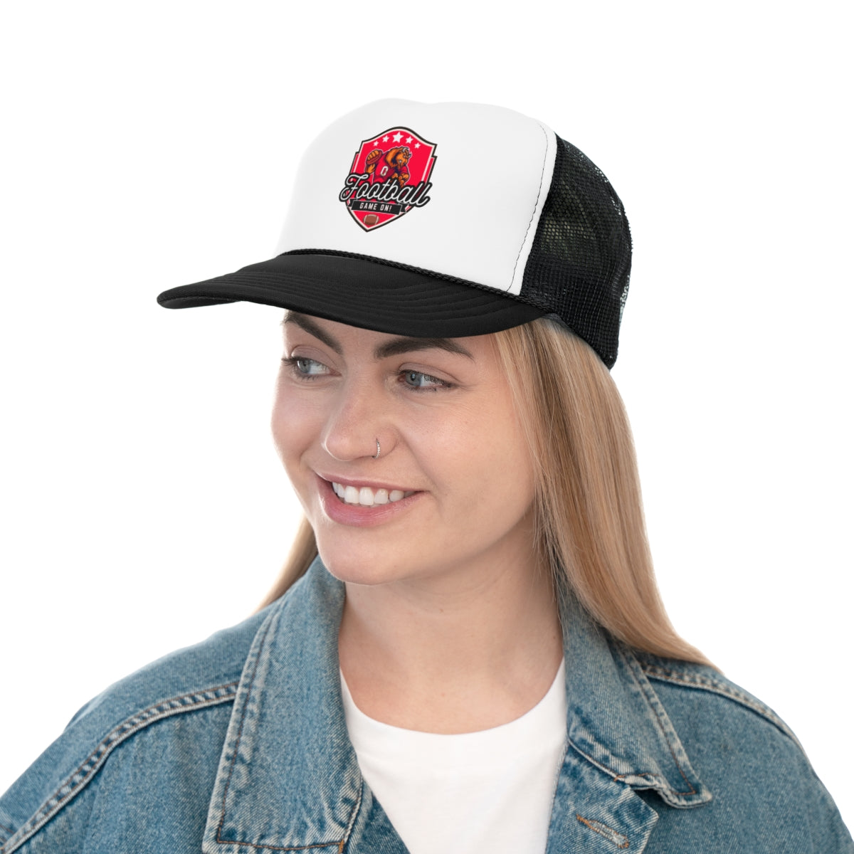 Person wearing Bison Football Trucker Cap, casual football fan style