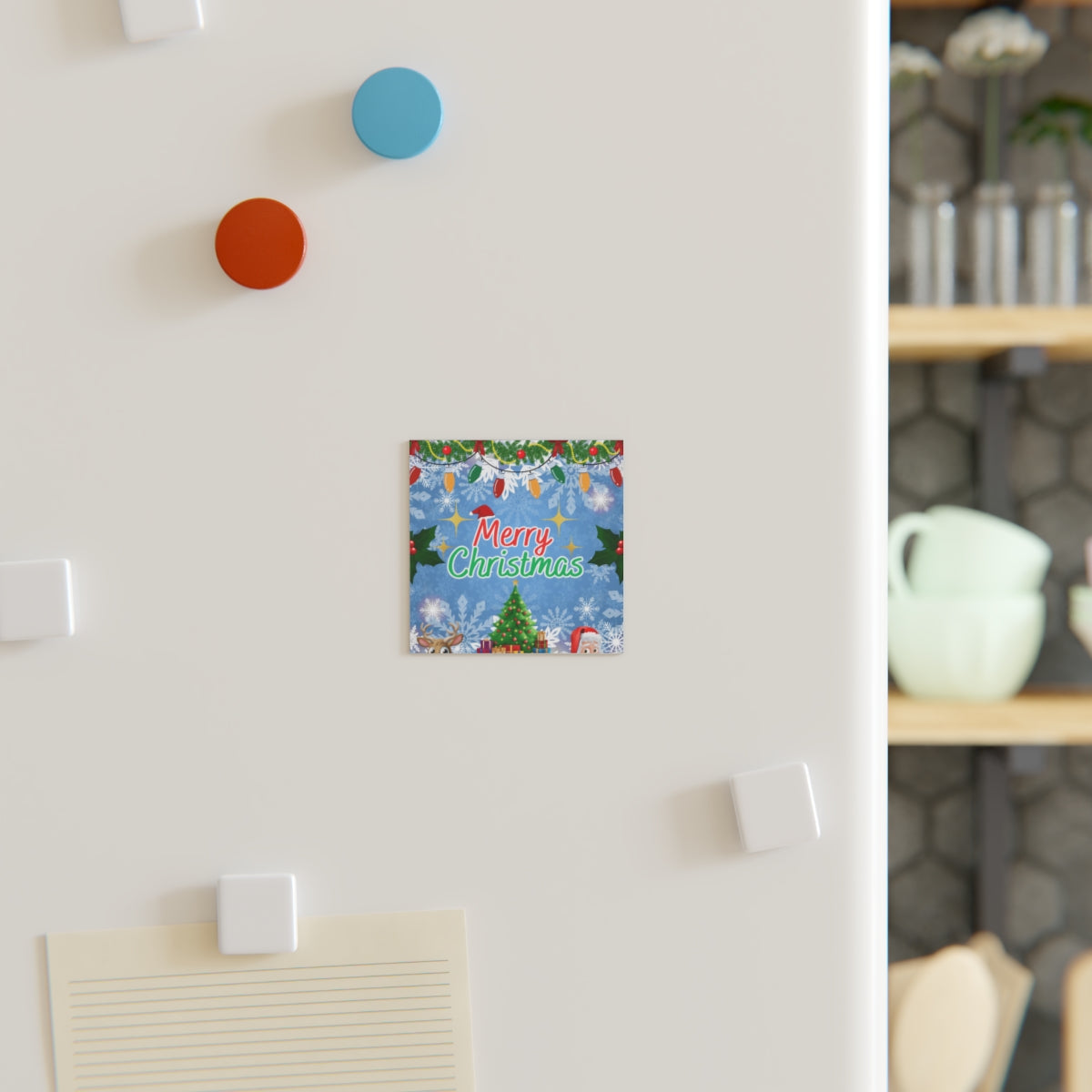 Blue Winter Snowflakes Magnet on a whiteboard – festive Christmas square sticker