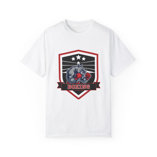 Boxing rhino sports t-shirt front view showing athletic fit and logo design