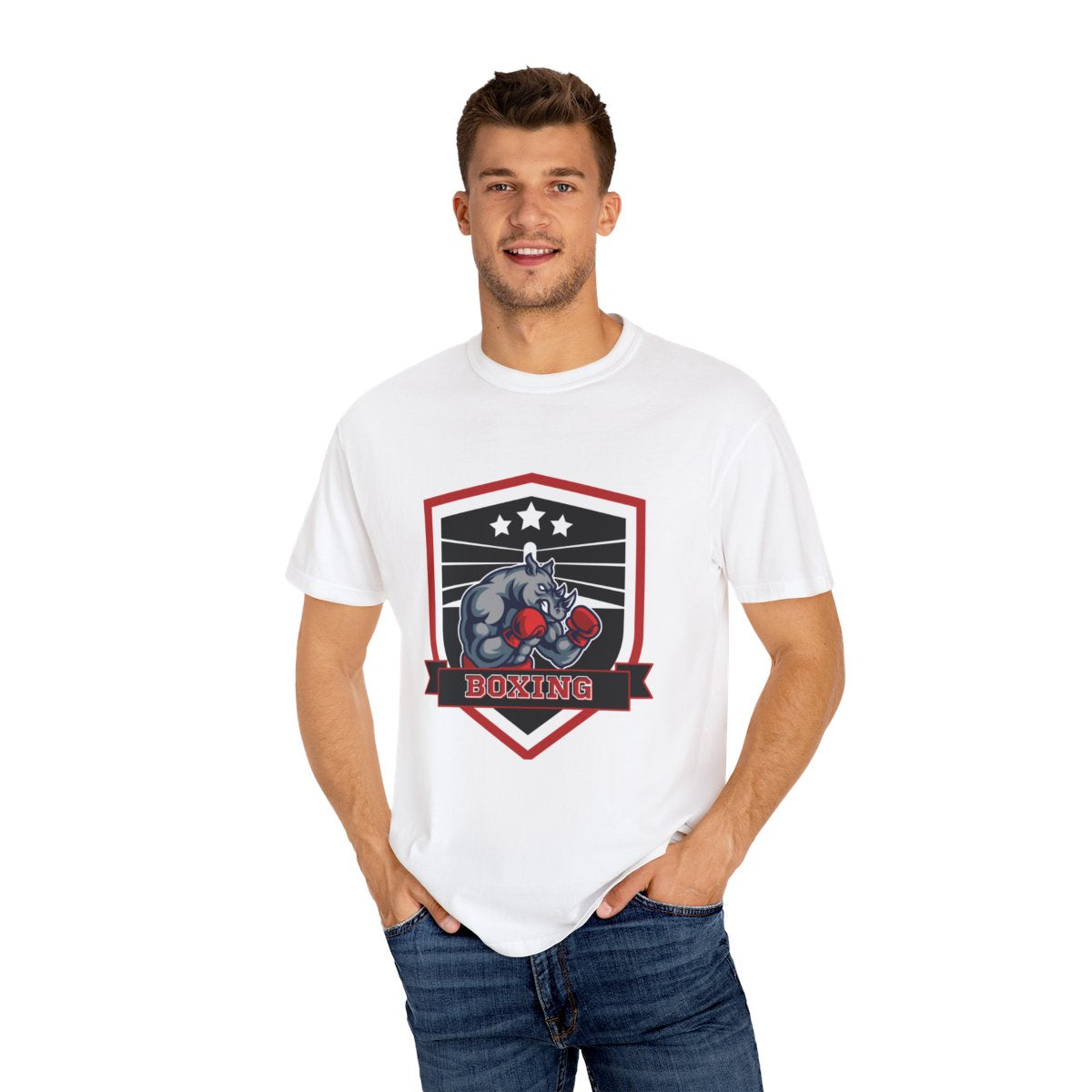 Male athlete wearing boxing rhino sports t-shirt in training environment