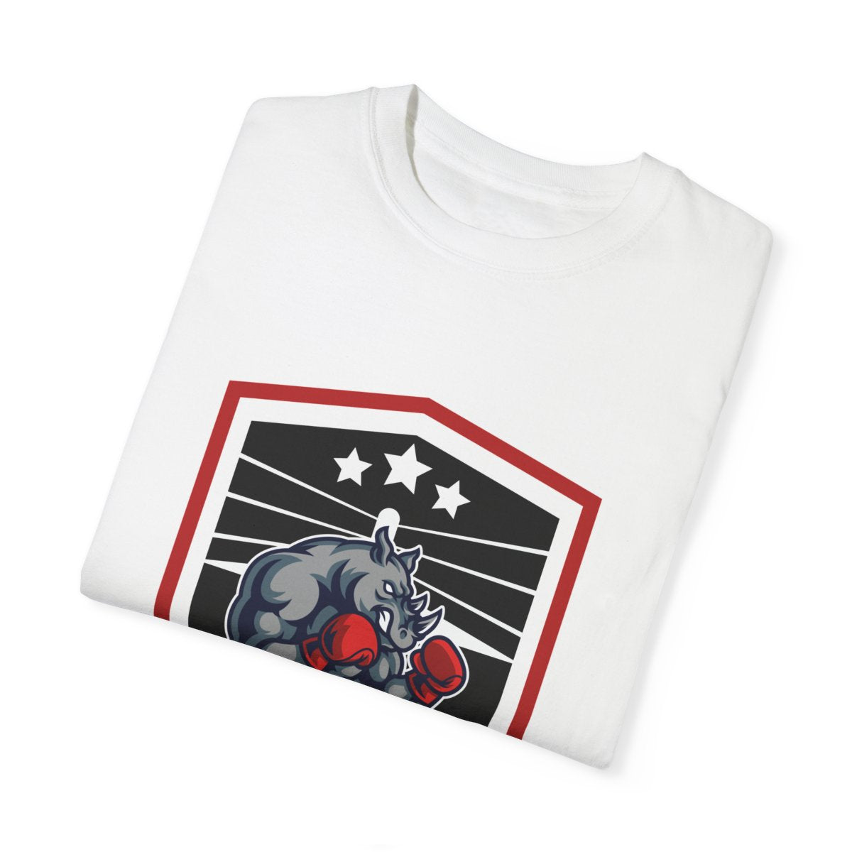 Folded boxing rhino sports t-shirt highlighting soft fabric and compact design