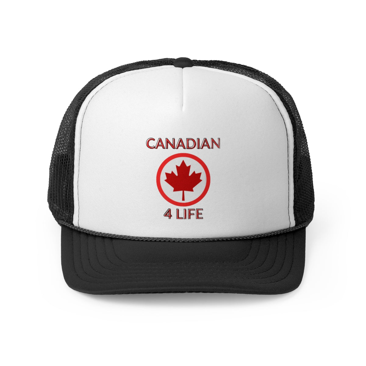 Front view of Canada Day trucker cap with maple leaf and 'Canadian 4 Life' design