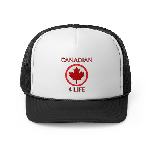 Front view of Canada Day trucker cap with maple leaf and 'Canadian 4 Life' design