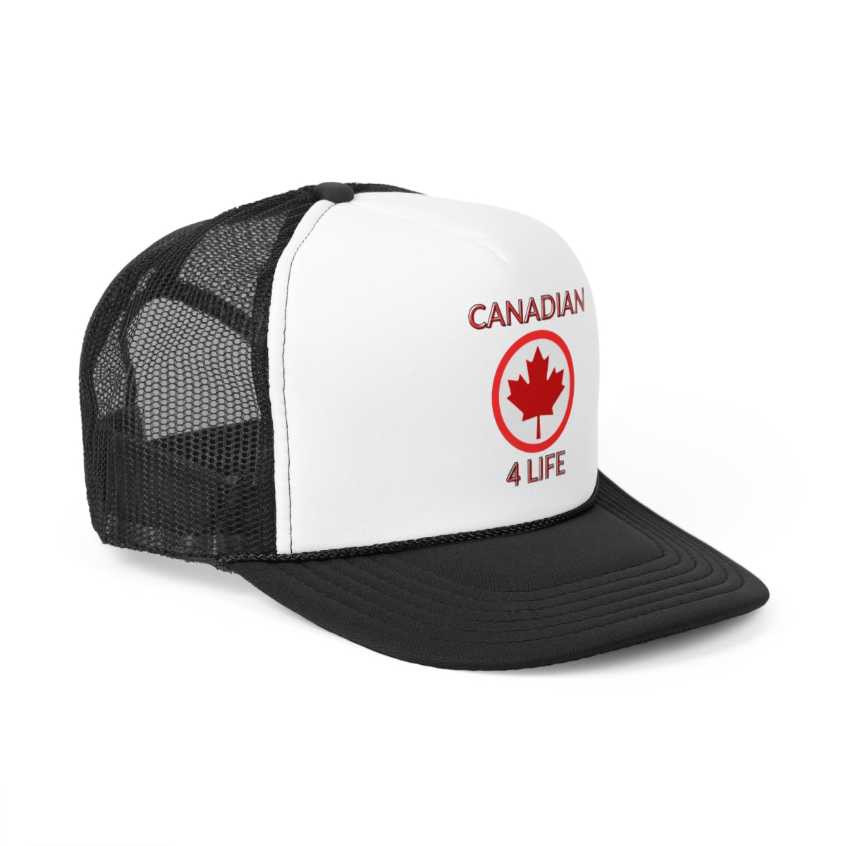 Side profile of Canada Day trucker cap showing mesh back and structured front panel