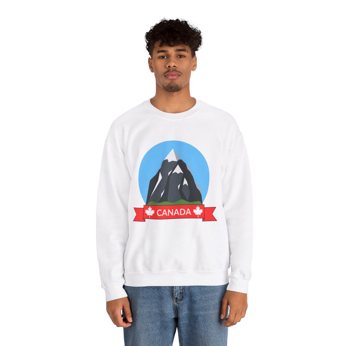 Man modeling Canadian Snow-Capped Mountain Landscape Sweatshirt with nature background