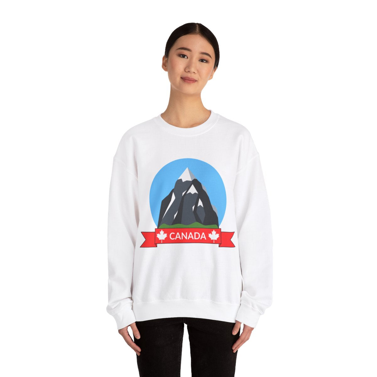 Woman wearing Canadian Snow-Capped Mountain Landscape Sweatshirt outdoors in mountain setting