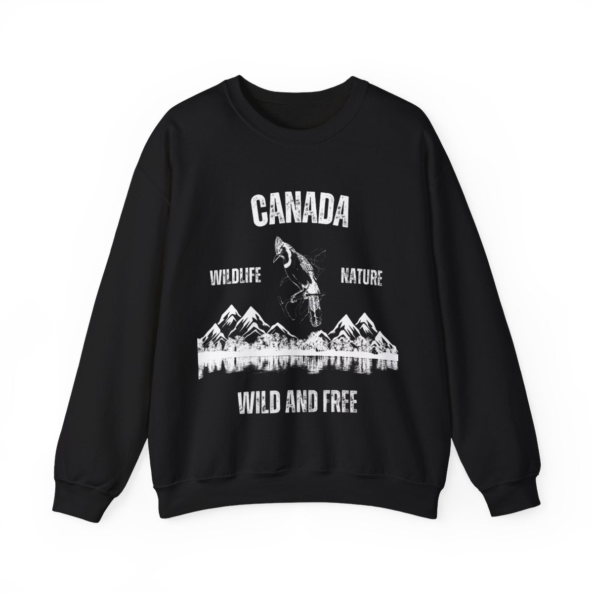 Canadian Wildlife Nature Wild and Free Sweatshirt laid flat with nature and animal graphic design