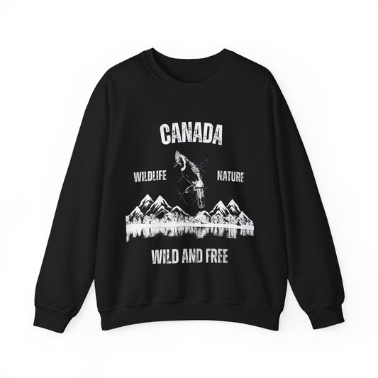 Canadian Wildlife Nature Wild and Free Sweatshirt laid flat with nature and animal graphic design