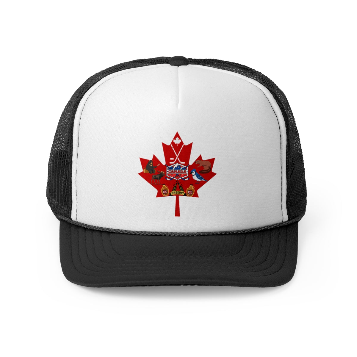 Front view of winter maple leaf trucker cap with red maple design
