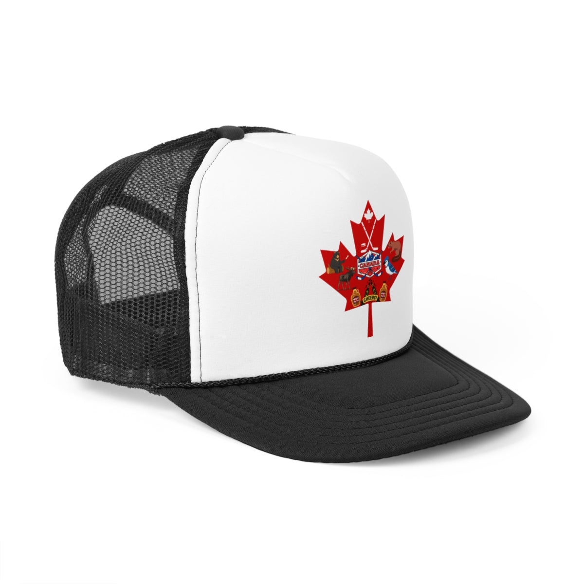 Side view of winter maple leaf trucker cap showing mesh and bill details