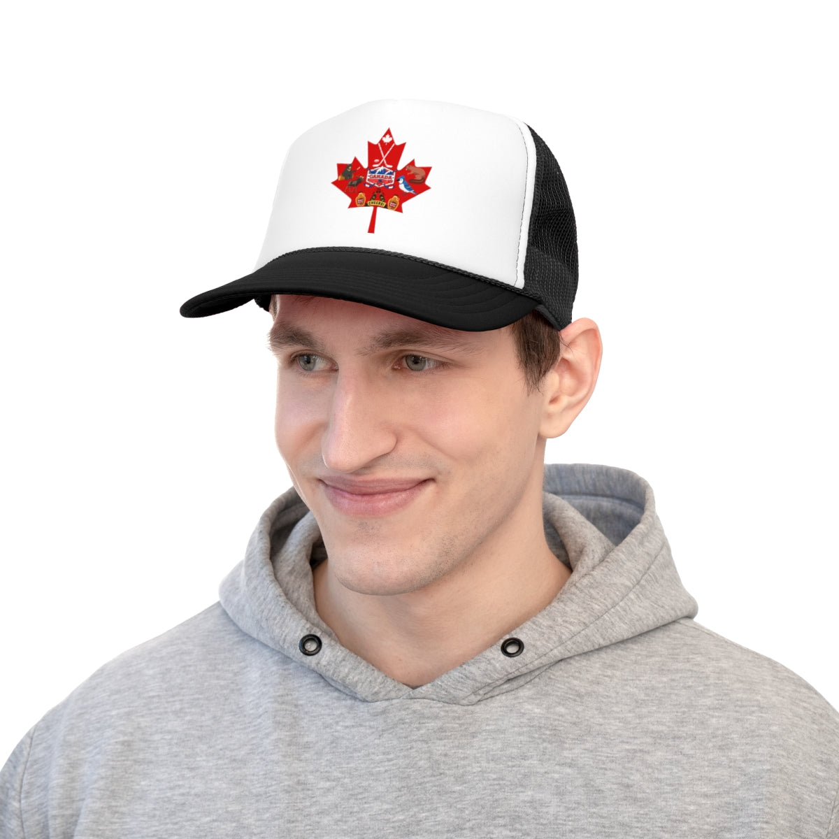 Second model wearing winter maple leaf trucker cap styled with winter jacket