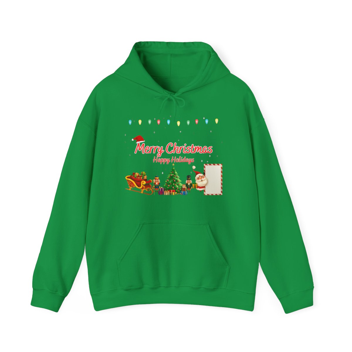Front view of Christmas Holiday Hoodie in green – festive holiday sweatshirt