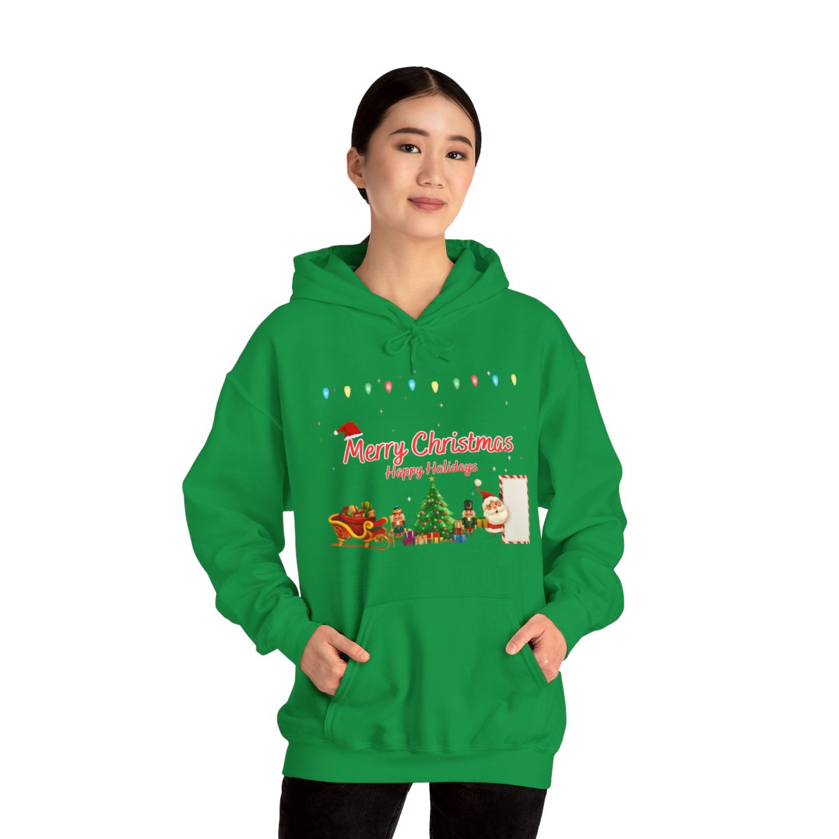 Woman wearing Christmas Holiday Hoodie in green – casual festive sweatshirt