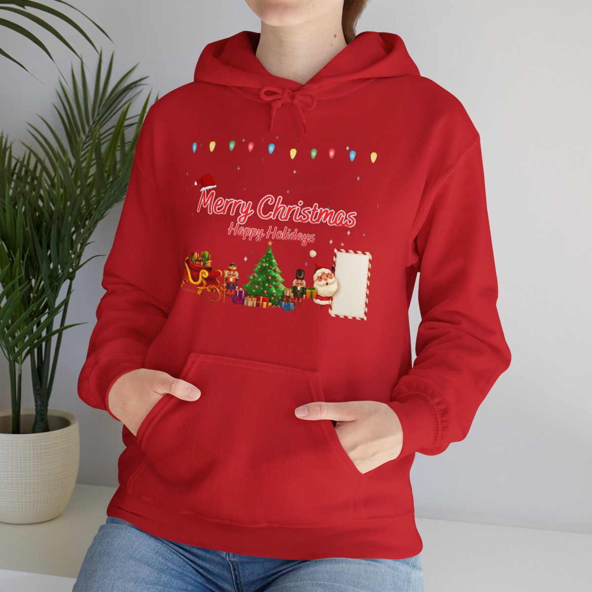 Woman wearing Christmas Holiday Hoodie in red – cozy holiday sweatshirt