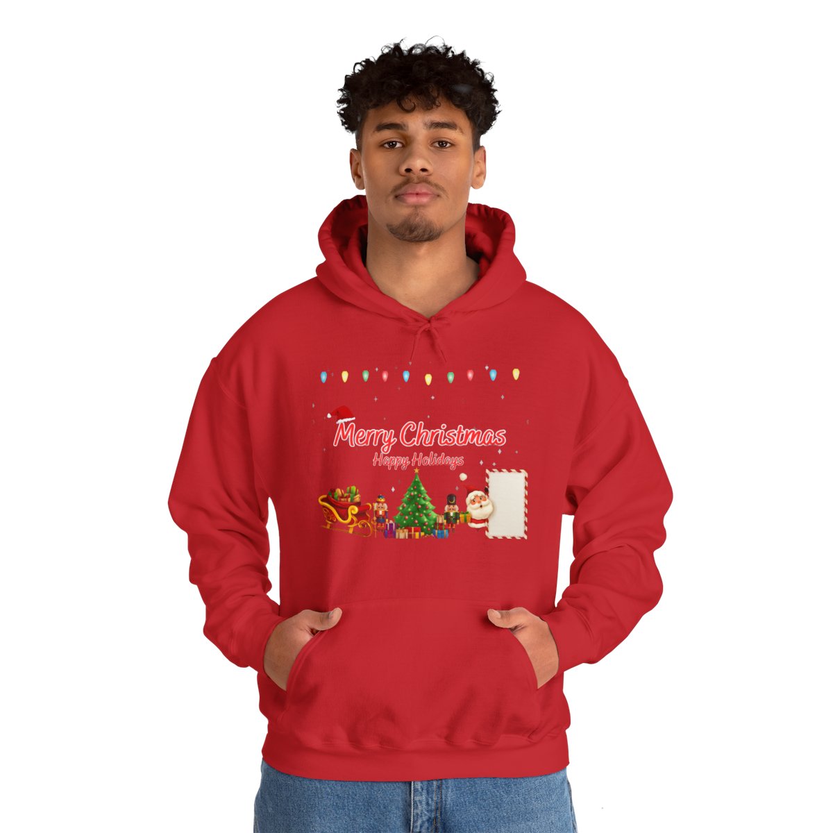 Man wearing Christmas Holiday Hoodie in red – cozy holiday sweatshirt