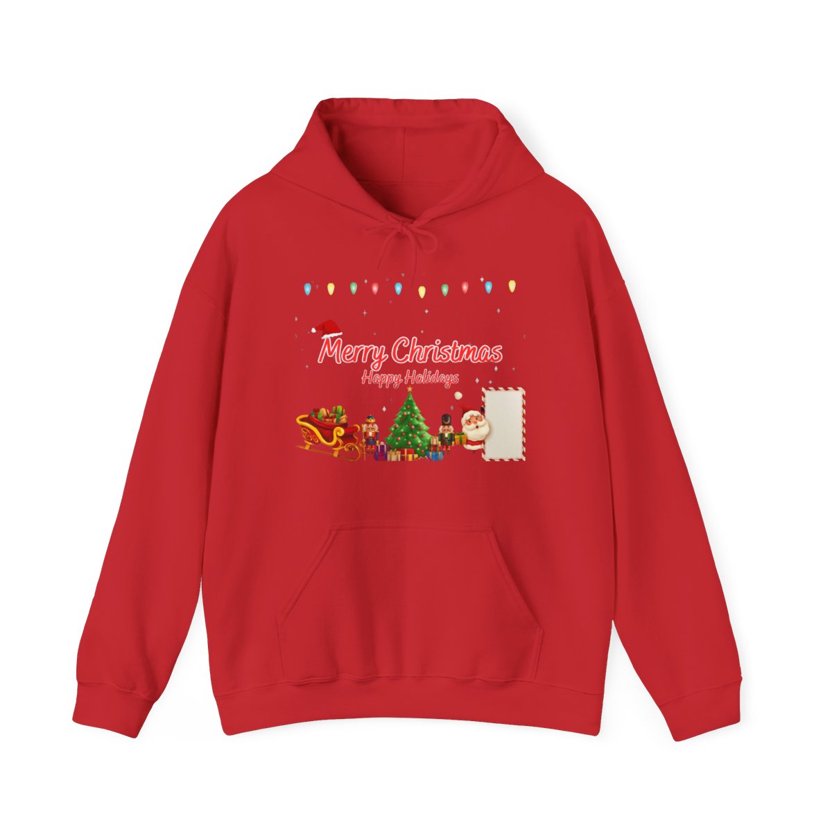 Front view of Christmas Holiday Hoodie in red – festive holiday sweatshirt