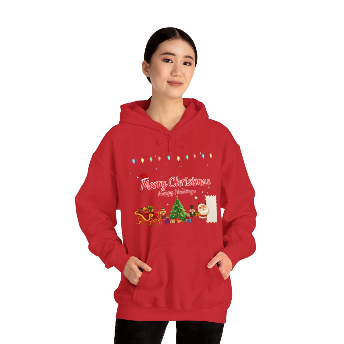 Woman wearing Christmas Holiday Hoodie in red – casual festive sweatshirt