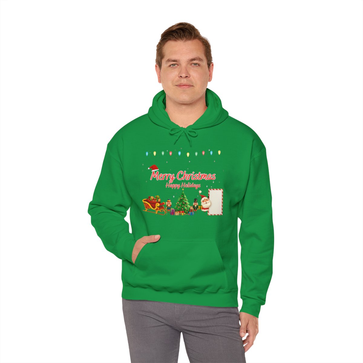 Man wearing Christmas Holiday Hoodie in green – festive Christmas sweatshirt