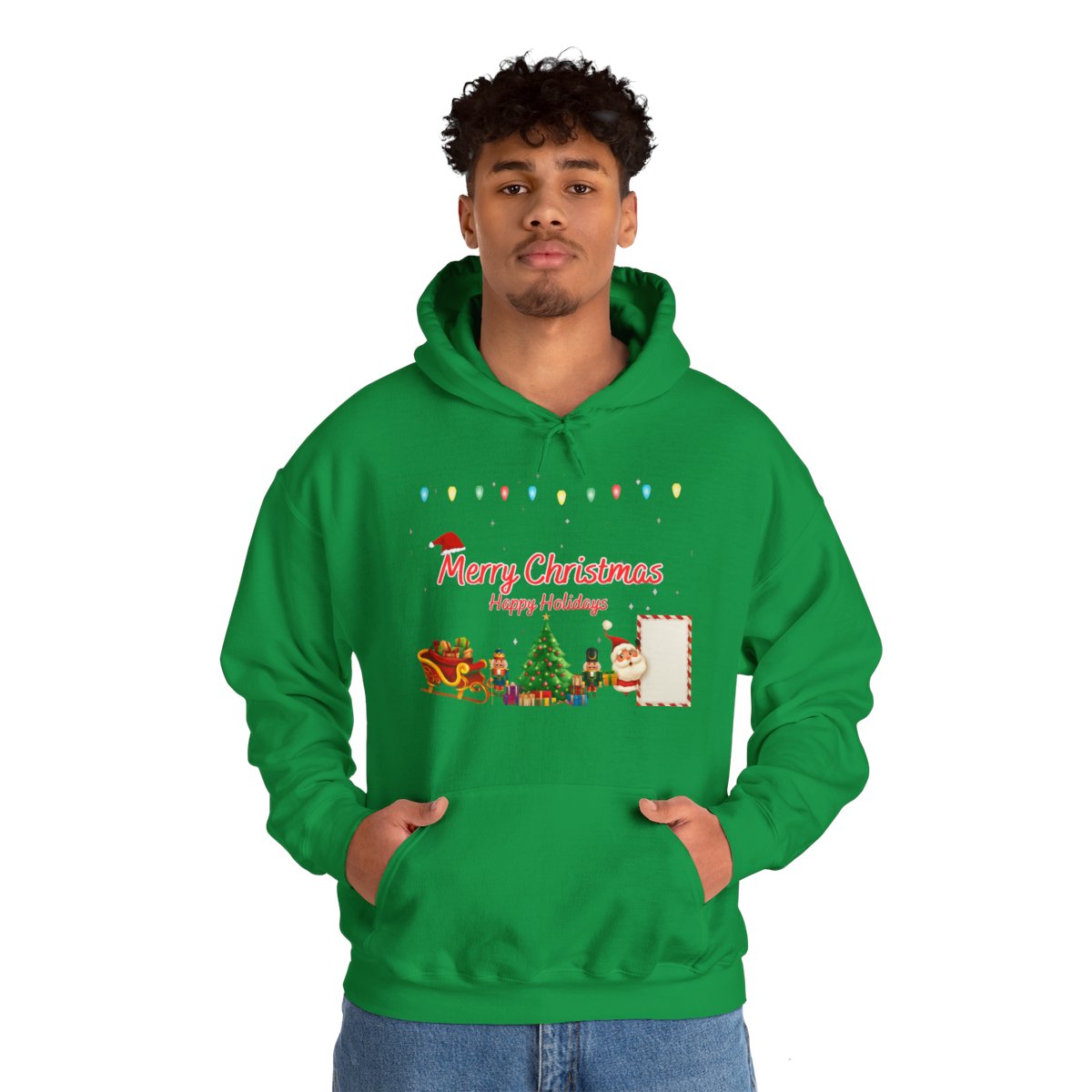 Man wearing Christmas Holiday Hoodie in green – cozy holiday sweatshirt
