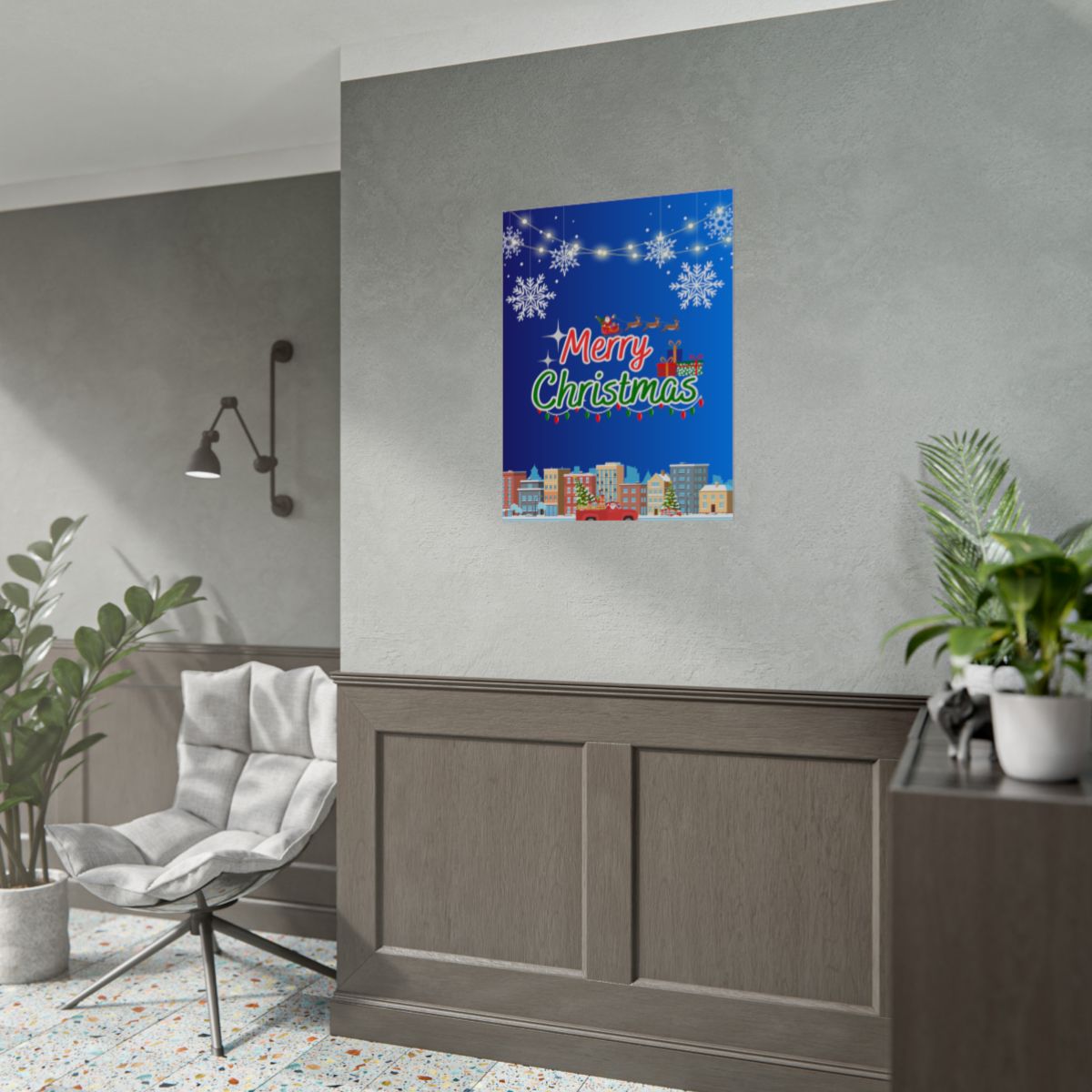 Lifestyle shot of Christmas Winter Town poster displayed on wall