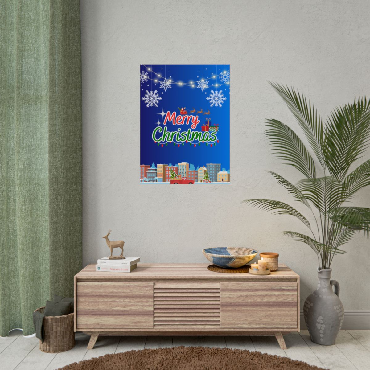 Lifestyle shot of Christmas Winter Town poster displayed on wall