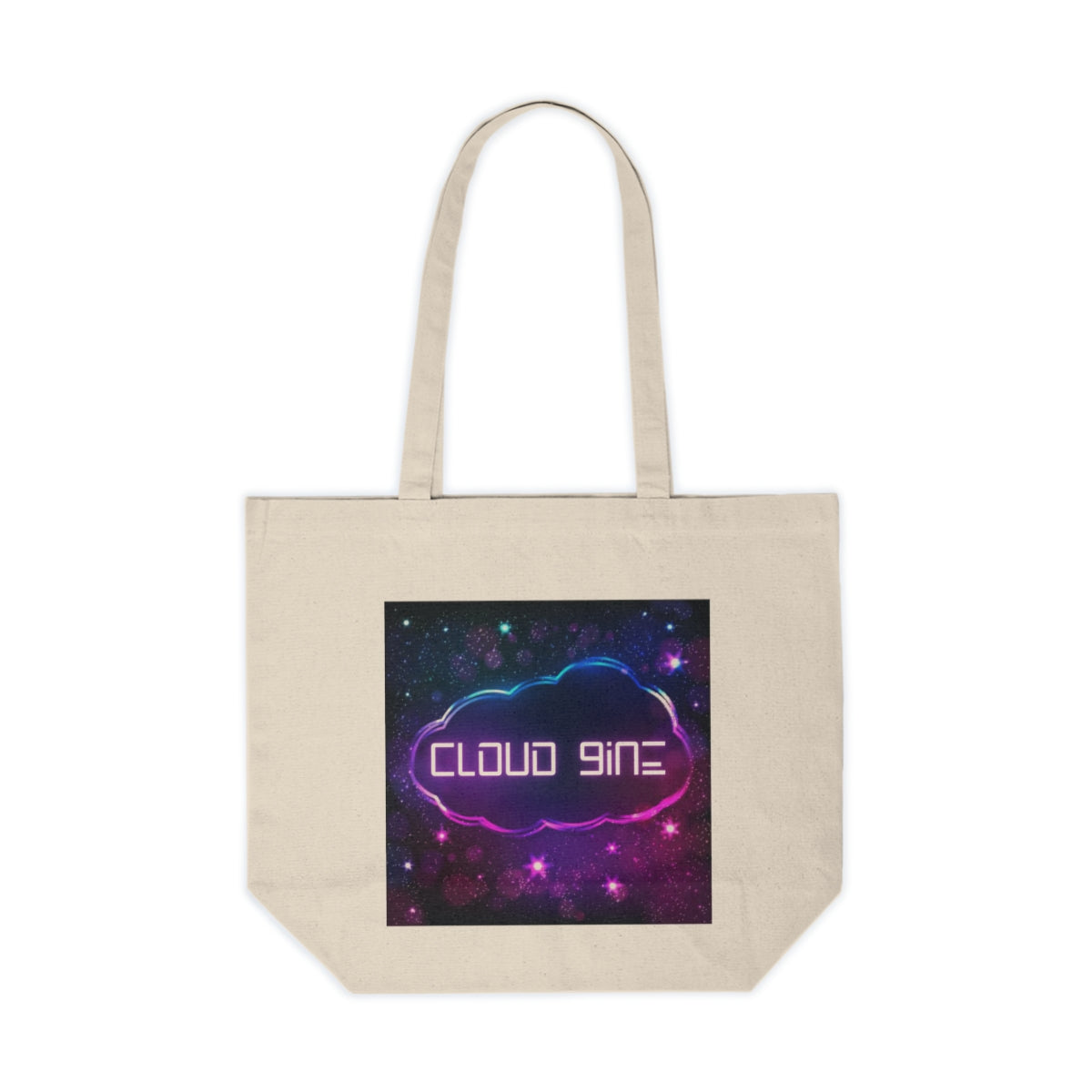 Front view of neon cloud shopping tote showing colorful design