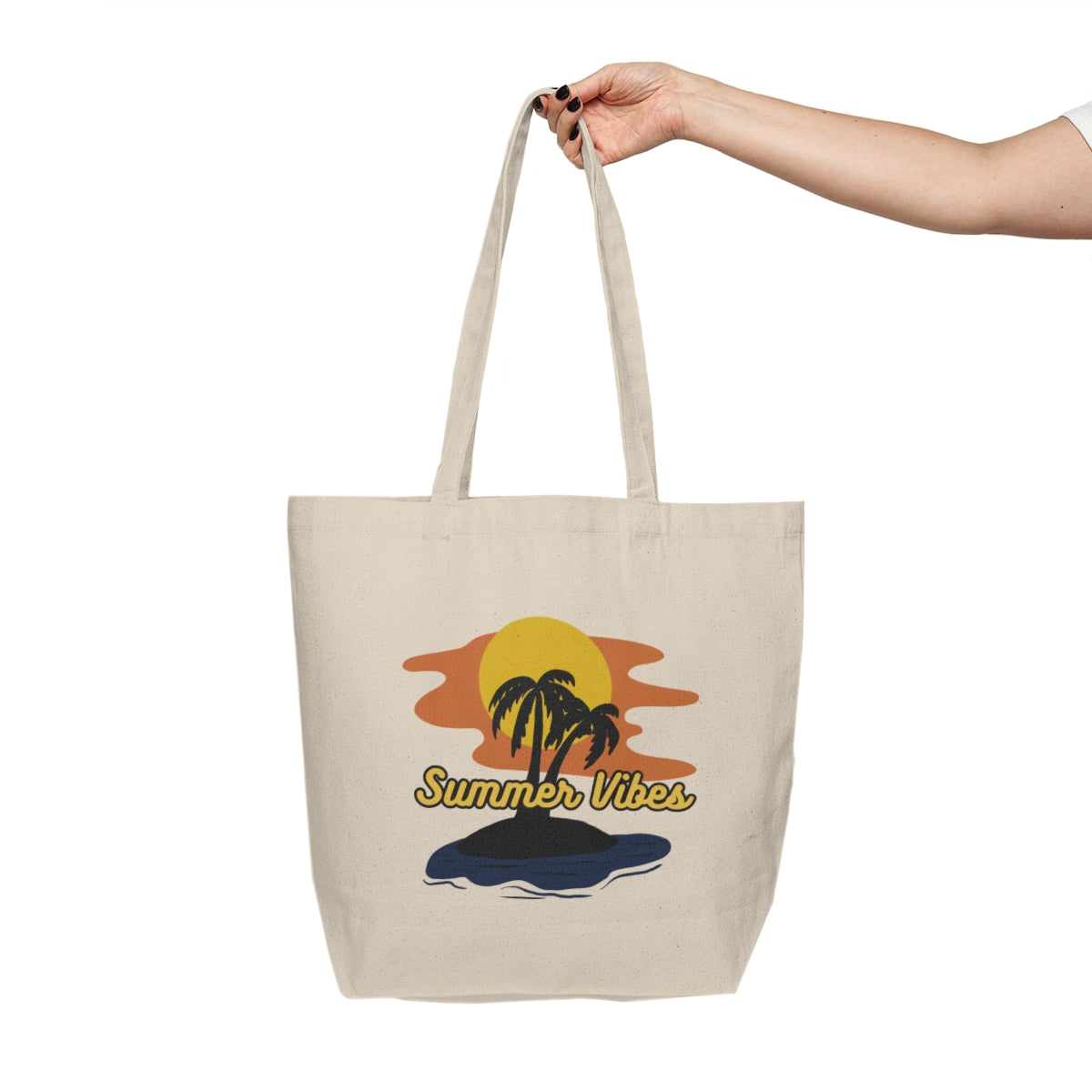 Retro Summer Tote Bag carried during a sunny day outing with vintage summer sunset design