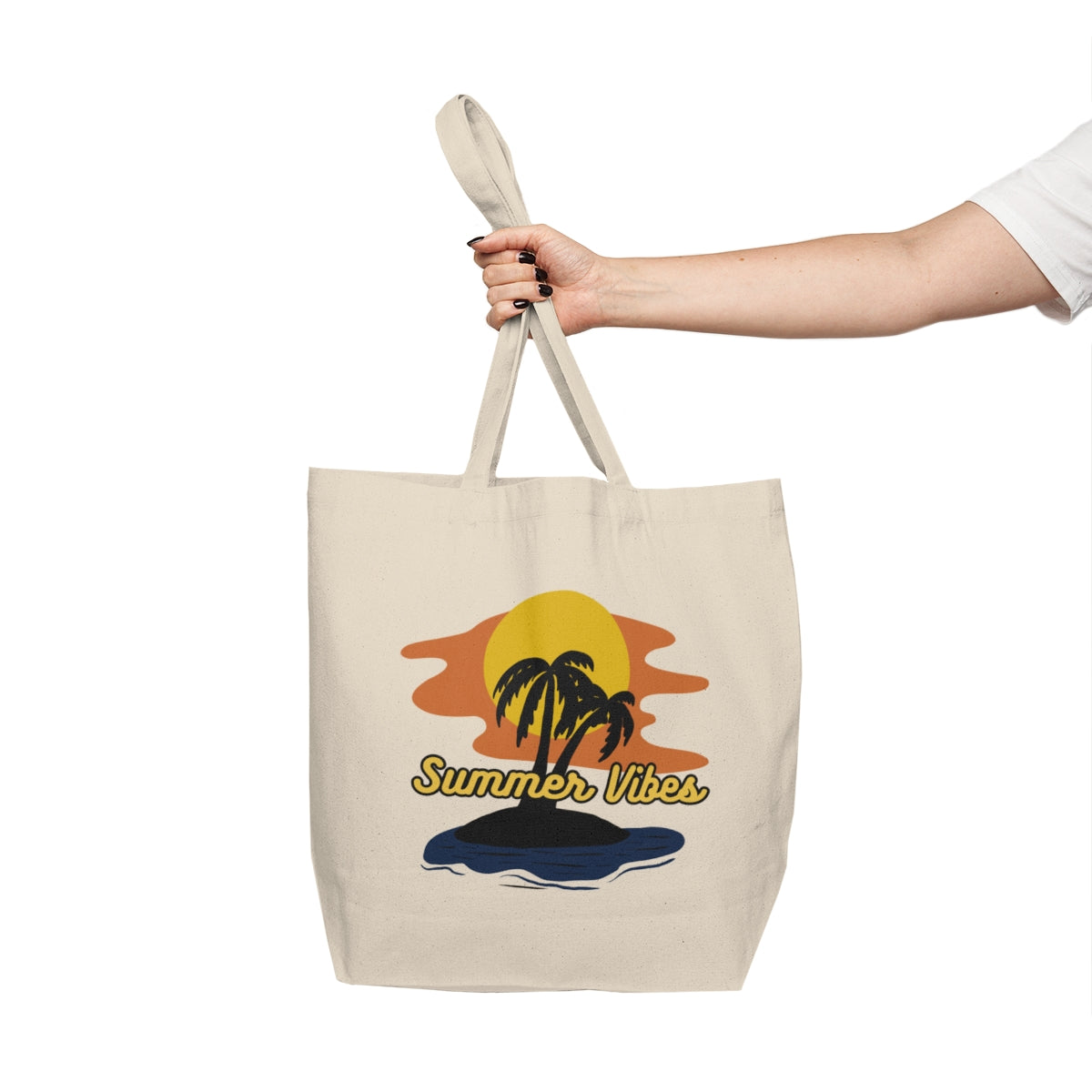 Retro Summer Tote Bag displayed on a table, showcasing vibrant summer vibes and sunset artwork