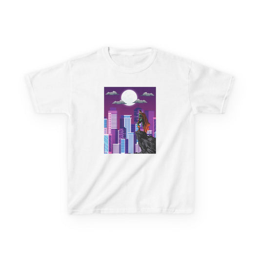 Front view of Superhero Cityscape kids t-shirt in white