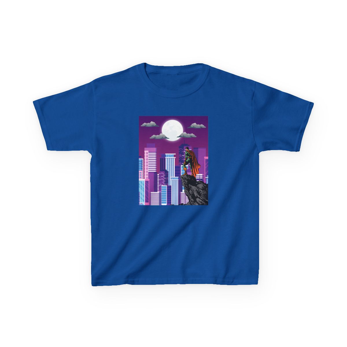 Front view of Superhero Cityscape kids t-shirt in royal blue