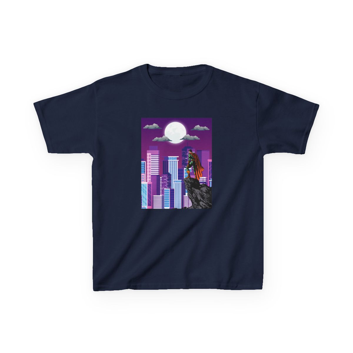 Front view of Superhero Cityscape kids t-shirt in navy blue