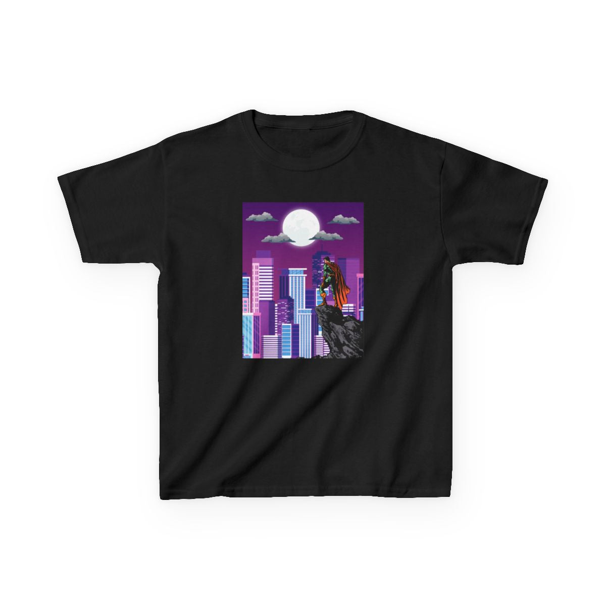 Front view of Superhero Cityscape kids t-shirt in black