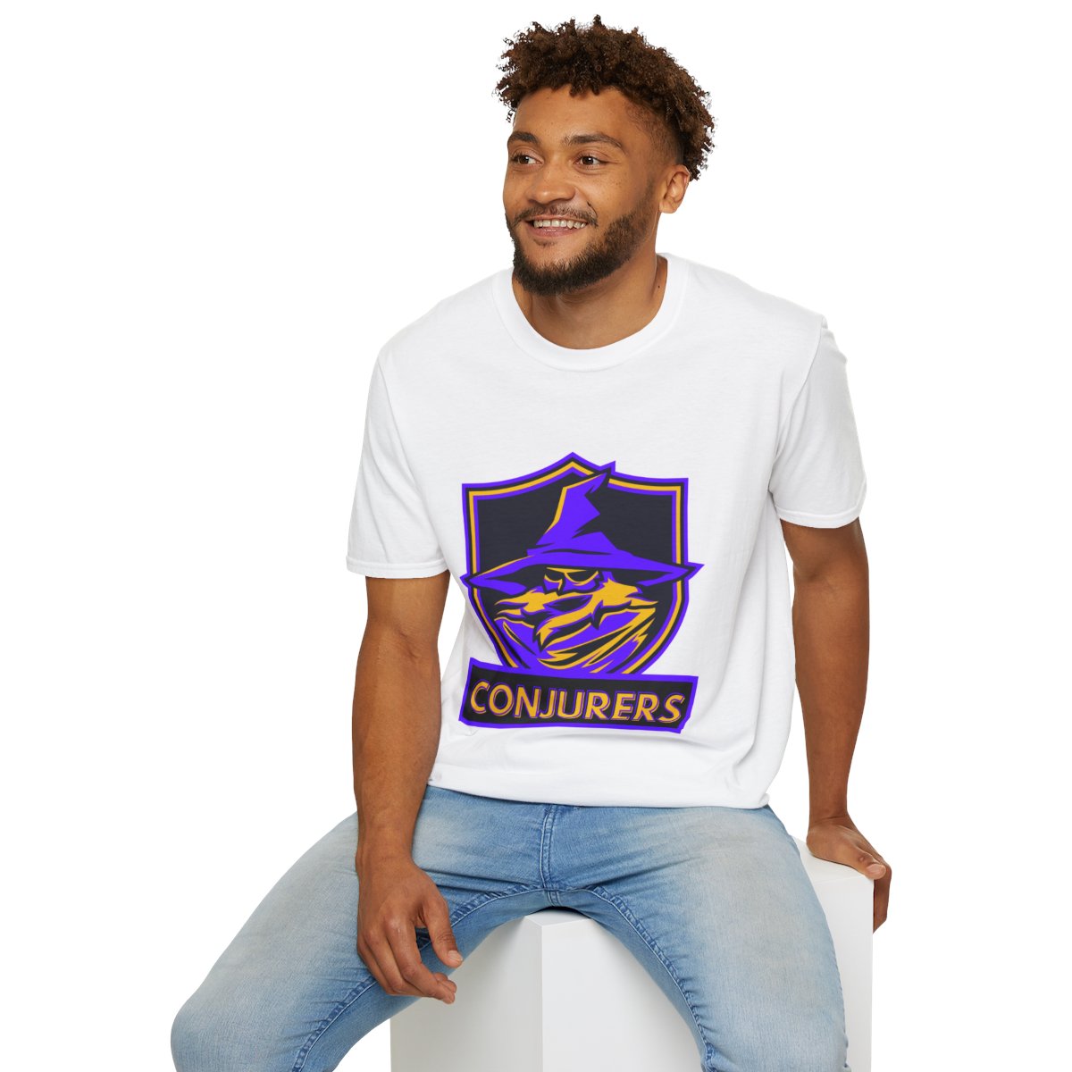 Man modeling wizard esports gaming t-shirt with bold graphic in relaxed fit