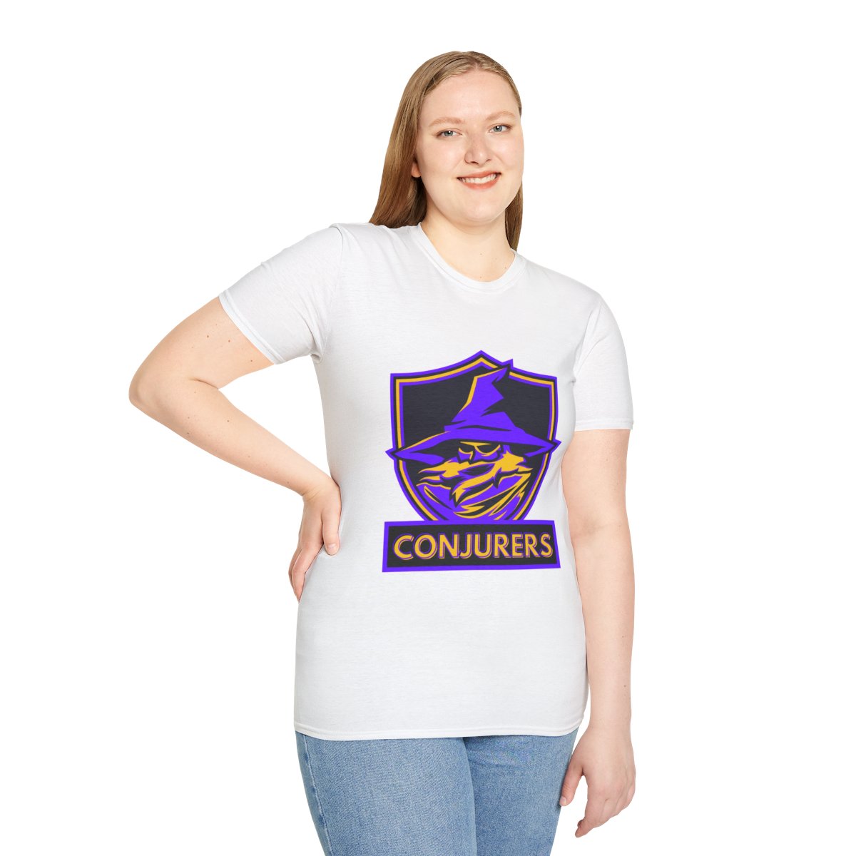 Woman wearing wizard esports gaming t-shirt in casual gamer style