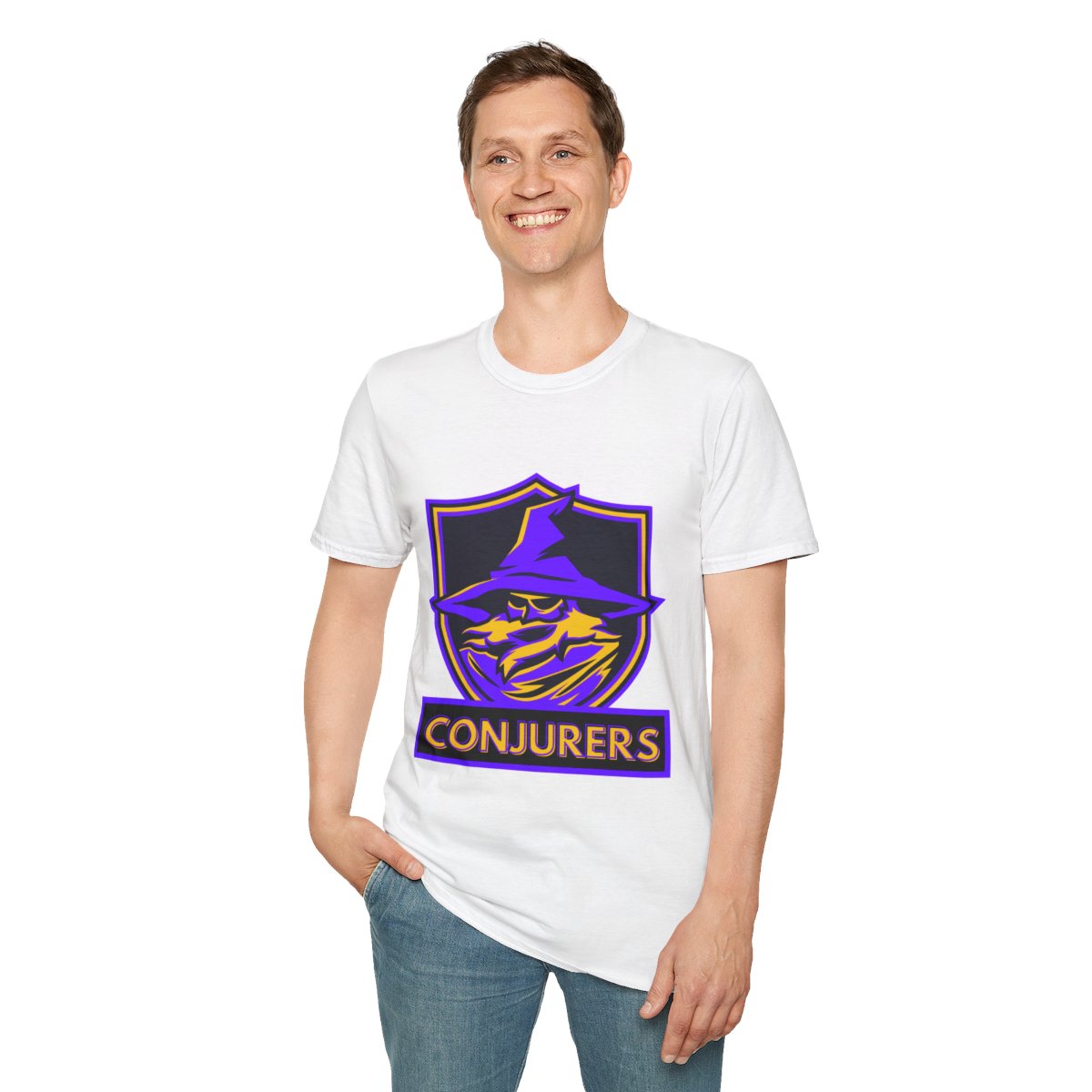 Man modeling wizard esports gaming t-shirt with bold graphic in relaxed fit