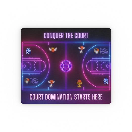 Basketball Mouse Pad front view with neon 3D court design and Conquer The Court text