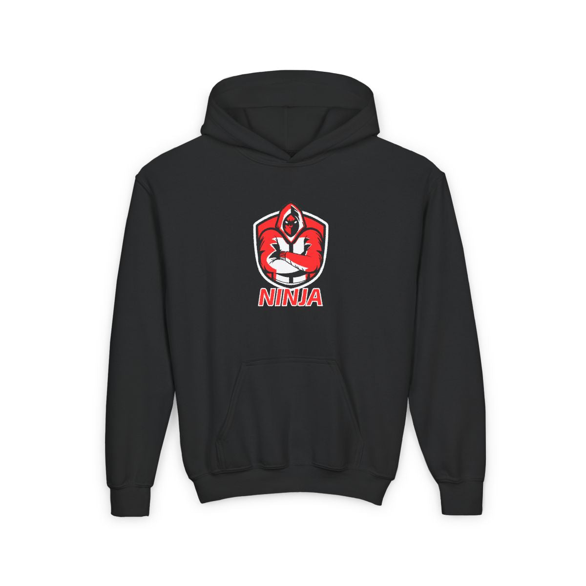 Gamer Ninja youth hoodie displayed flat, featuring bold gaming-inspired design for kids