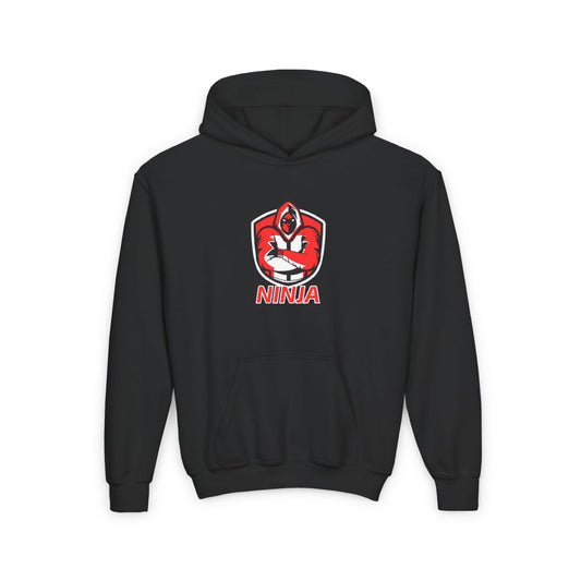 Gamer Ninja youth hoodie displayed flat, featuring bold gaming-inspired design for kids