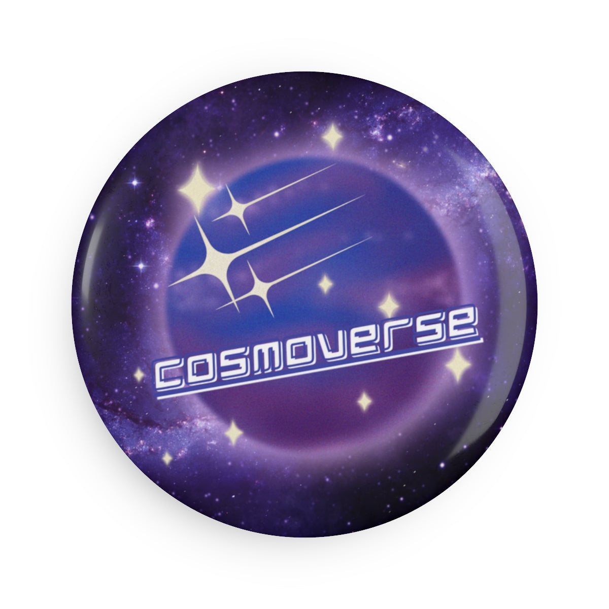 Front view of Cosmic Galaxy Button Magnet with vibrant “Cosmoverse” design