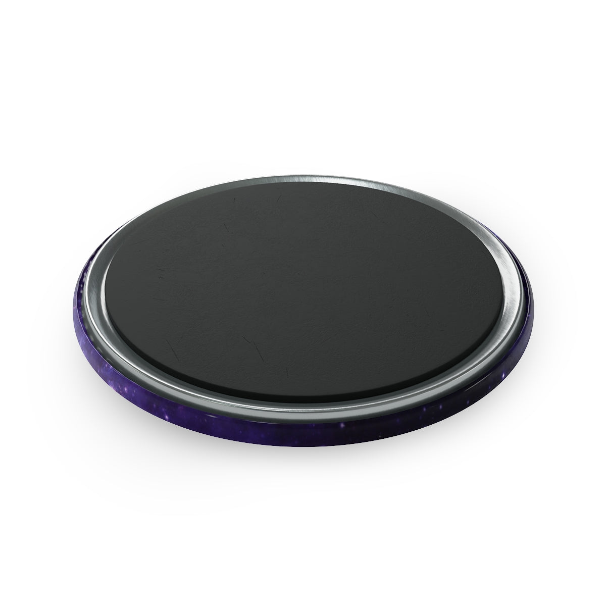 Back side of round button magnet showing sturdy metal backing and pin clasp