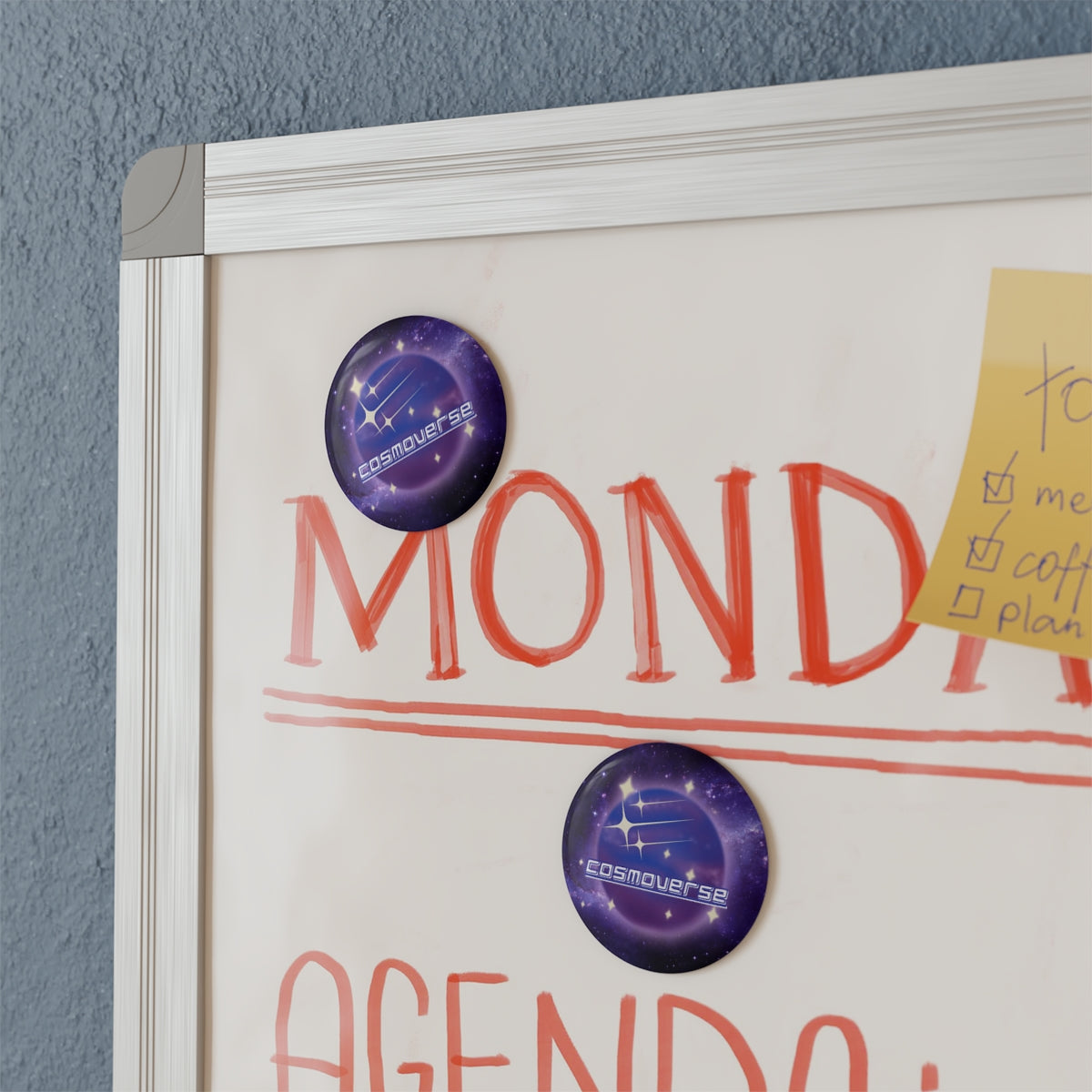 Cosmic Galaxy Button Magnet displayed on a refrigerator door in a white board
