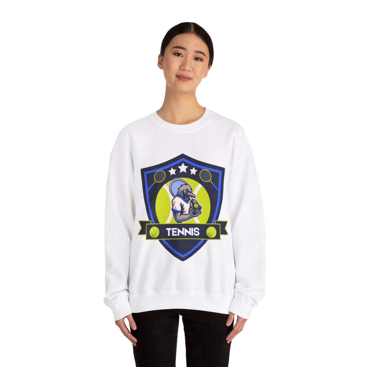 Woman wearing Crow Tennis Sweatshirt crewneck, casual tennis style