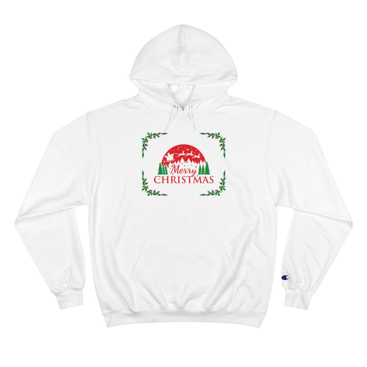 Custom Champion Merry Christmas Hoodie front view showing festive holiday design