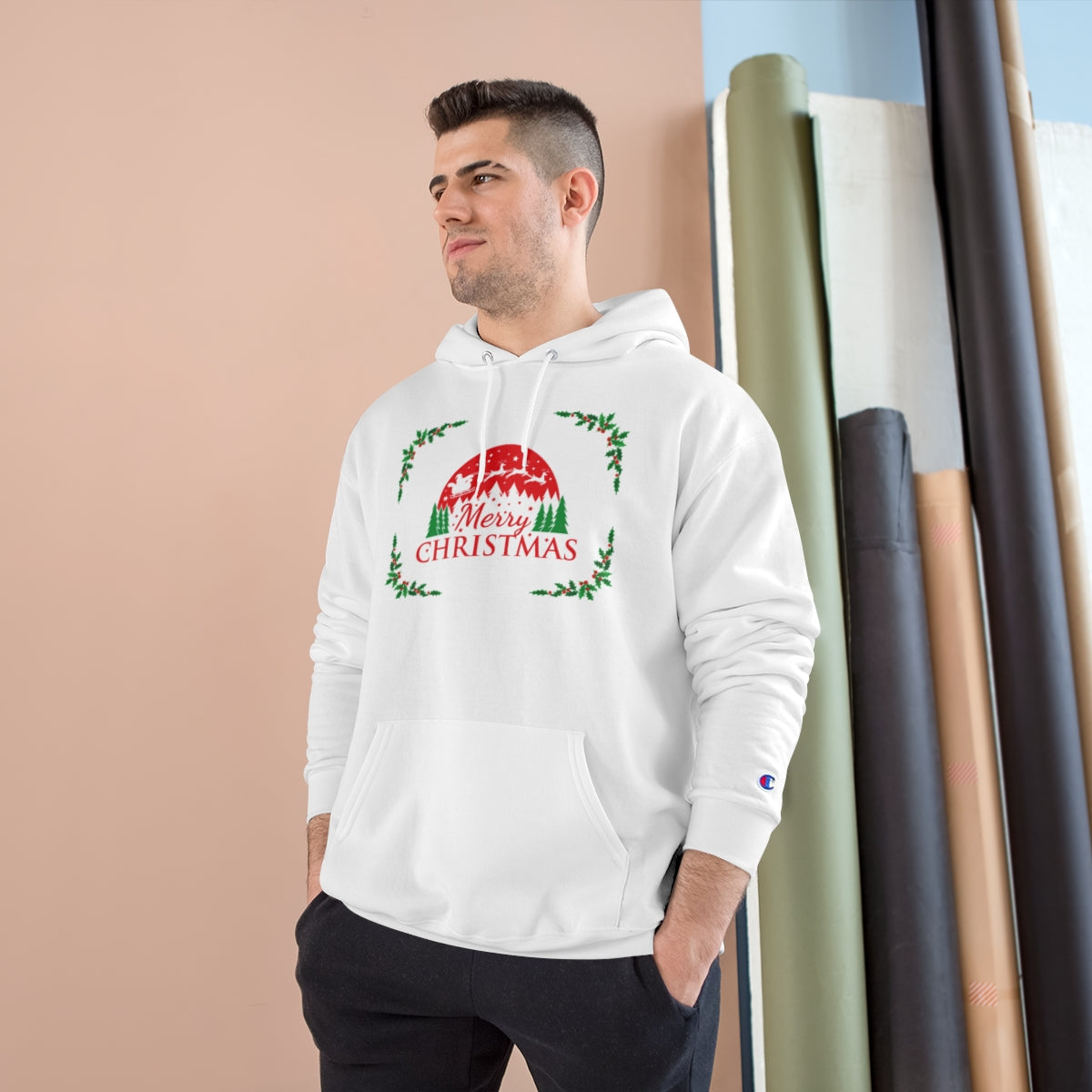 Man wearing Custom Champion Merry Christmas Hoodie styled for holiday season