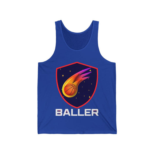 3D Space Comet Basketball Jersey Tank Top in royal blue laid flat with cosmic comet design