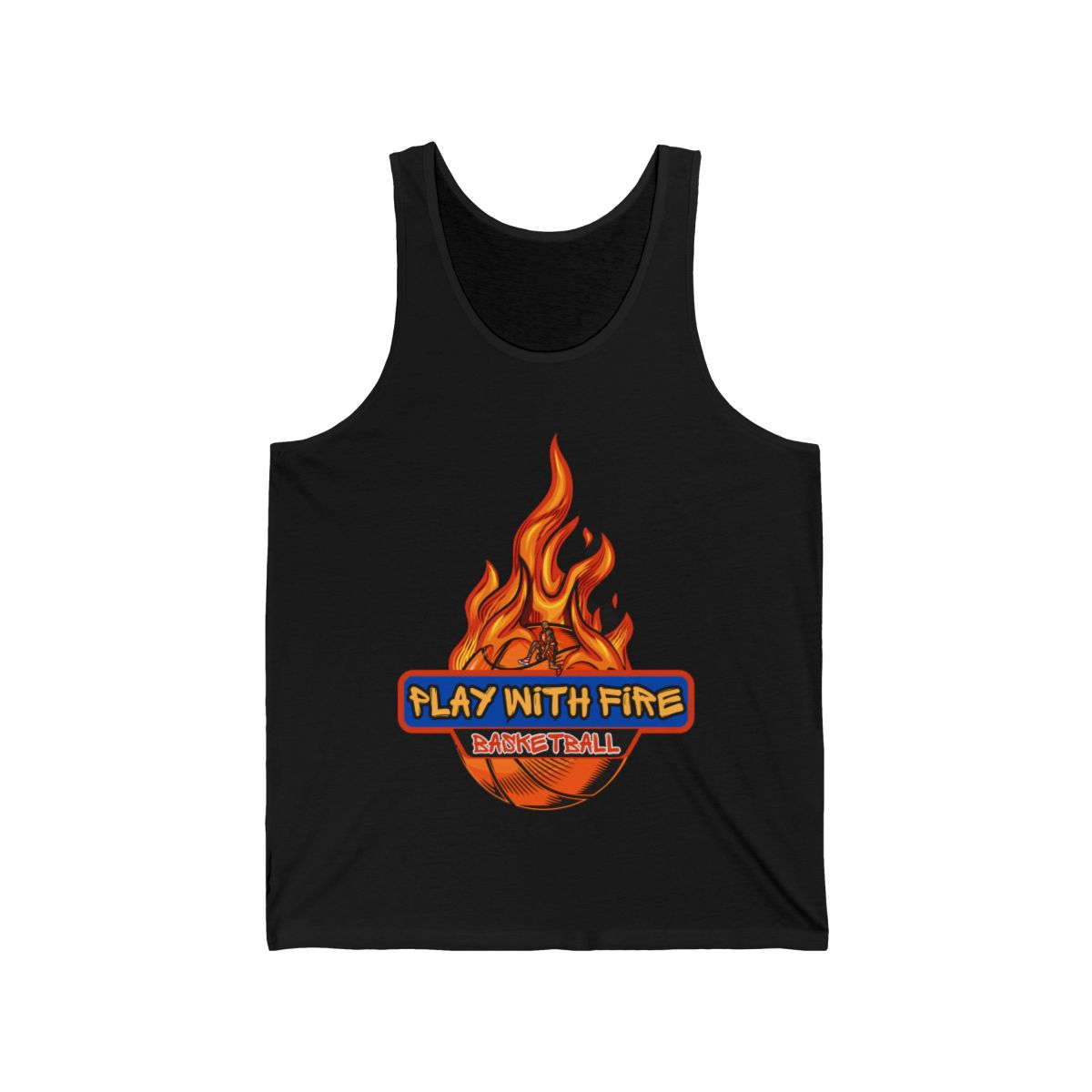 Front view of Basketball on Fire Tank Top – unisex Play With Fire basketball shirt