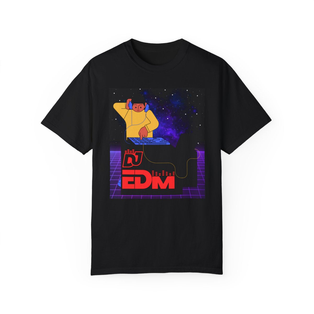 Front view of Cyberpunk space galaxy t-shirt in blue and violet