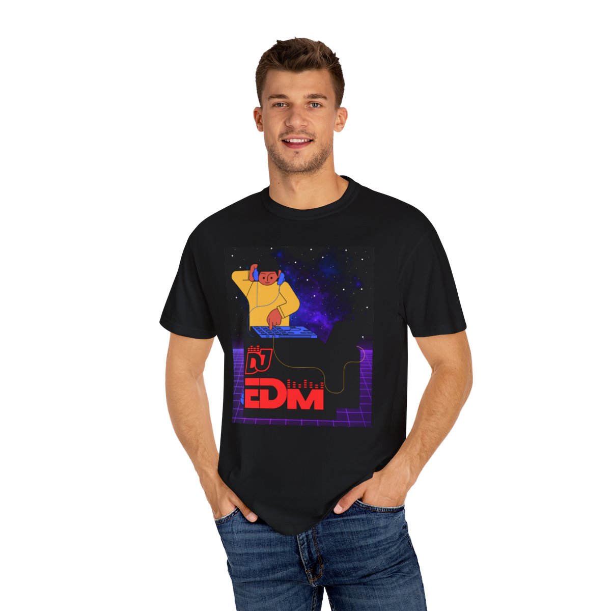 Man wearing Cyberpunk space galaxy t-shirt