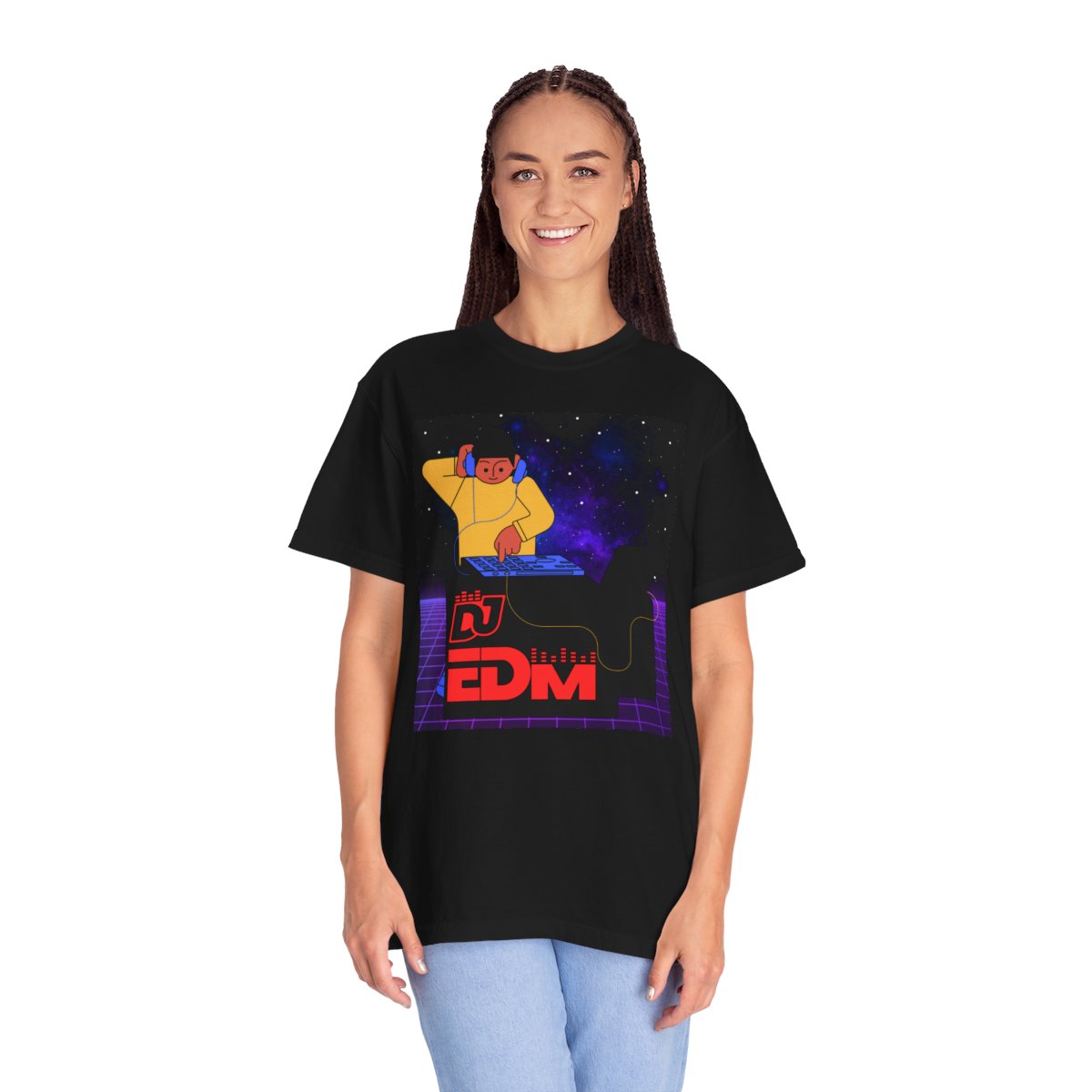 Woman wearing Cyberpunk space galaxy t-shirt