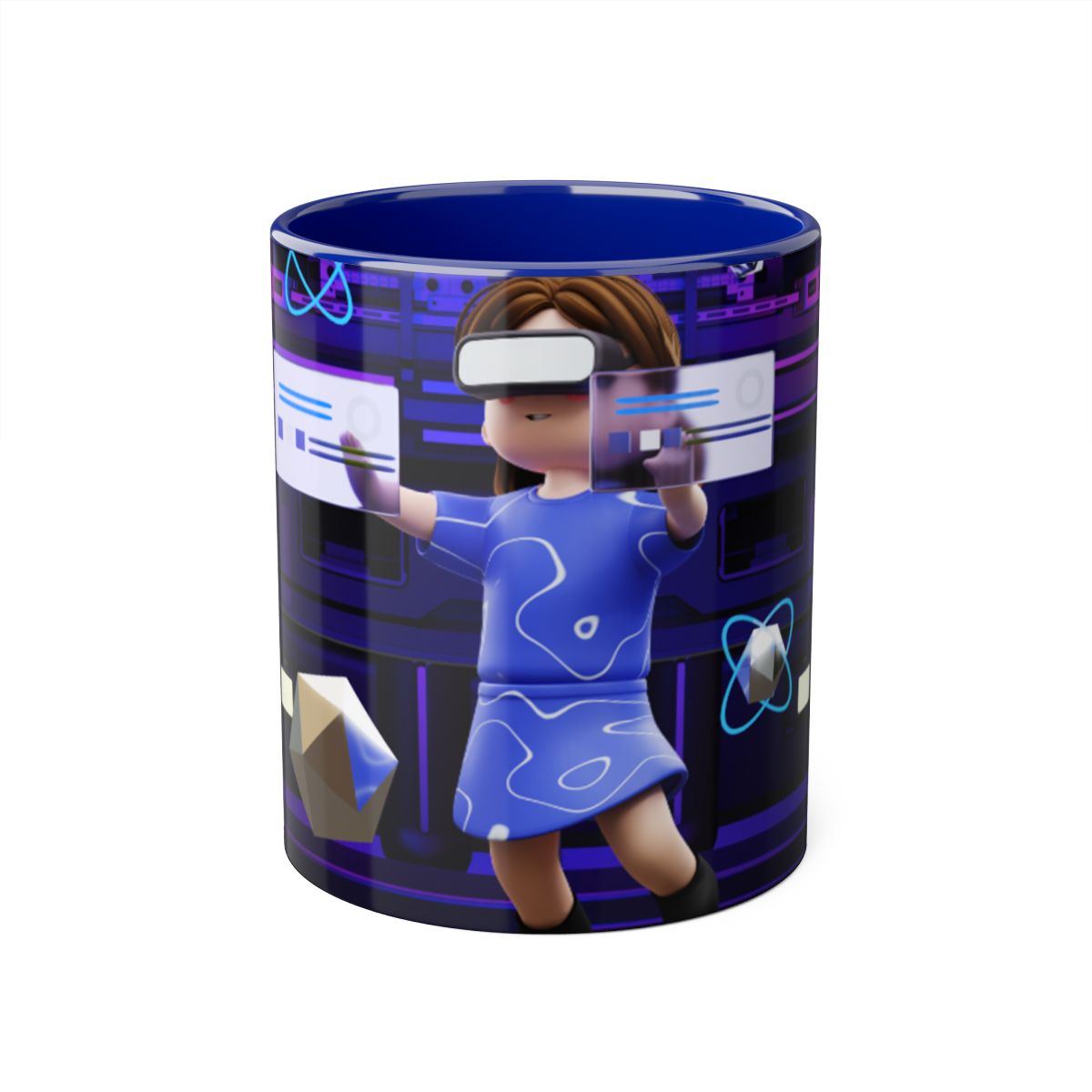 Front view of 11oz Cyberpunk Sci-Fi Accent Mug with metaverse podium design